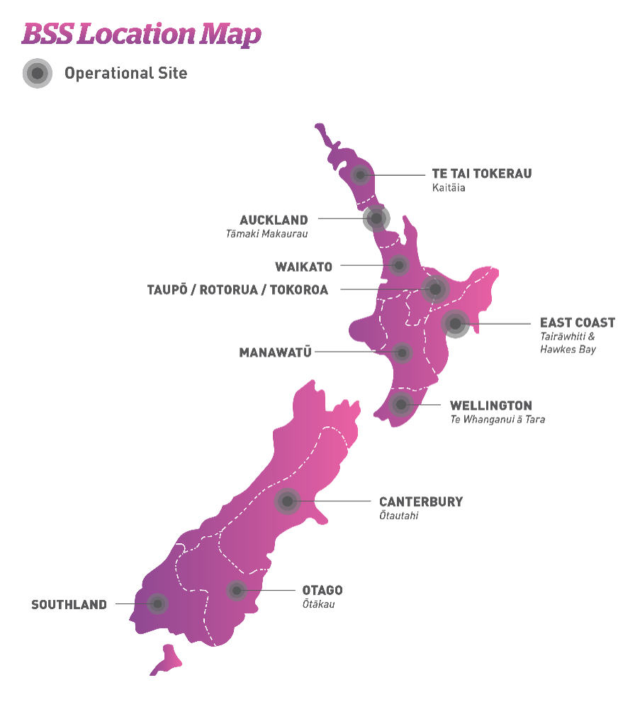 A map of New Zealand showing locations for Bail Support Services.