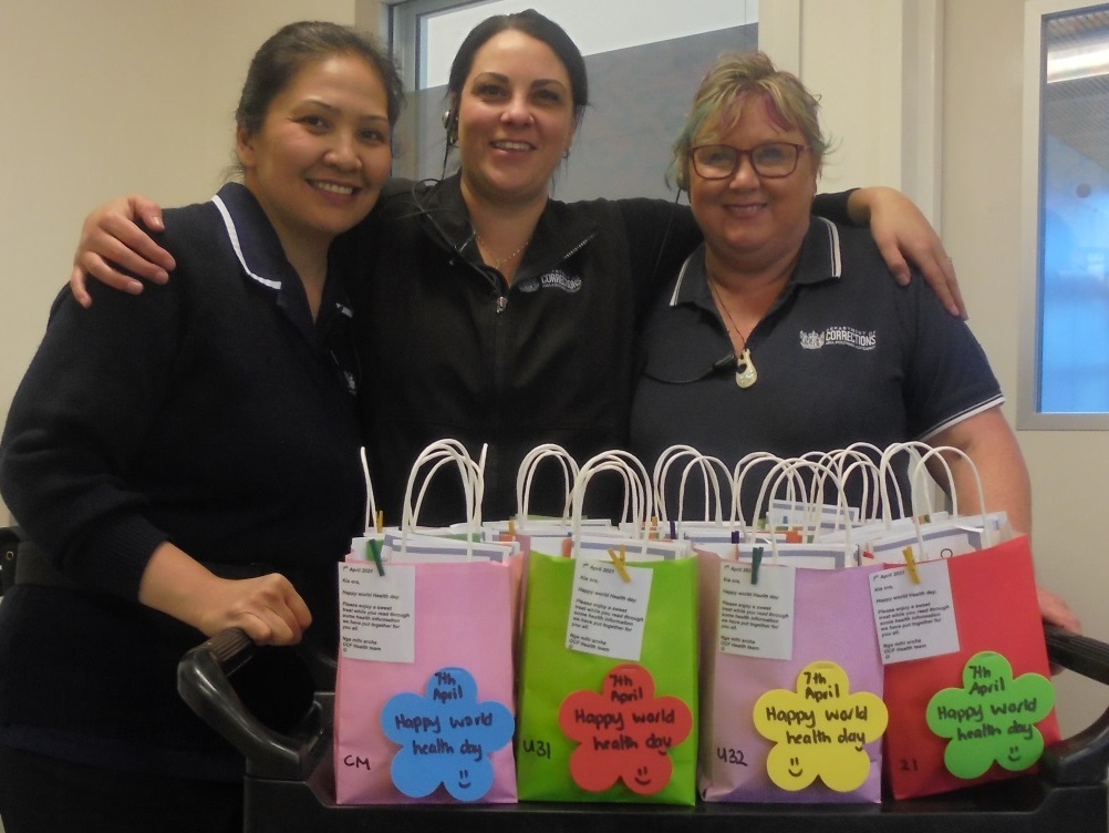 From left: Nurse Jesselou Matubis, Clinical Team Leader Alarna Lawson and Nurse Rosemary Samson with World Health Day goodie bags.