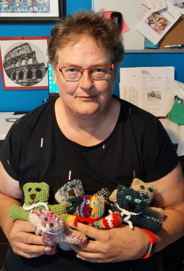 Invercargill Prison Volunteer Co-ordinator Jane King with crocheted teddies.