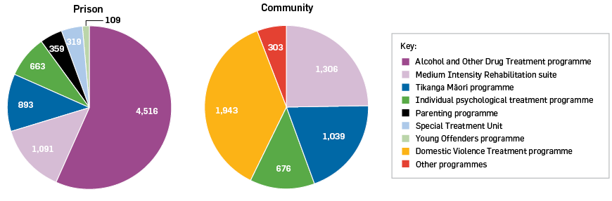 Two pie charts, one entitled Prison and the other Community. Prison: alcohol and other drug treatment programme 4,516; Medium intensity rehabilitation suite 1,091; Tikanga M?ori programme 893; Individual psychological treatment programme 663; Parenting programme 359; Special treatment unit 319; Young offenders programme 109. Community: medium intensity rehabilitation suite 1,306; Tikanga M?ori programme 1,039; Individual psychological treatment programme 676; Domestic violence treatment programme 1,943; Other programmes 303.