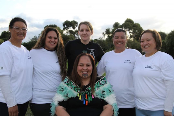 Carolina (far left) and her nursing sisters from EIT and their Cultural Adviser (middle) in Nelson with Jo Marino Chairperson of the Māori Nurses Council of NZ (seated in front)