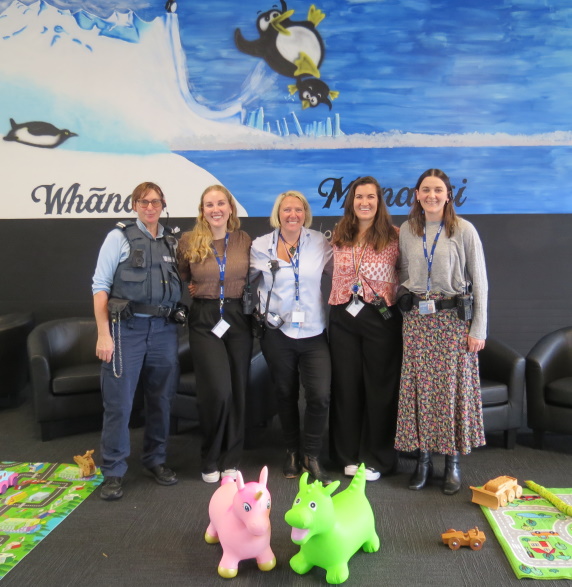 (L-R): Visits Corrections Officer Lana Mangham-McNamara, Design Analyst High Impact Innovation Programme Alex Udall, Volunteer Coordinator Moana Wahanui, Design Analyst High Impact Innovation Programme Amy Hanlon with OCF Learning & Interventions Delivery Manager Amy Beeby.