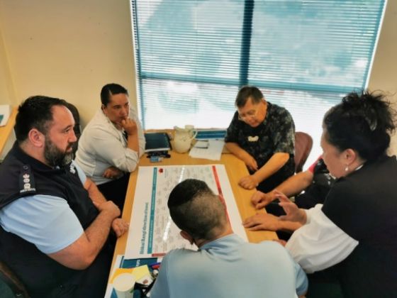 People sitting together around a table in a group setting for the Māori Pathways co-design hui.