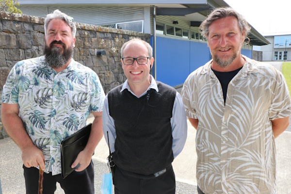 ARWCF Regional Volunteer Co-ordinator Stephen Jones (centre) with Arts Access Aotearoa representatives who visited the Sewing, Quilts and Crafts display, with Arts in Corrections Adviser Neil Wallace (left) and Arts Activator Andy Glanville (right). 